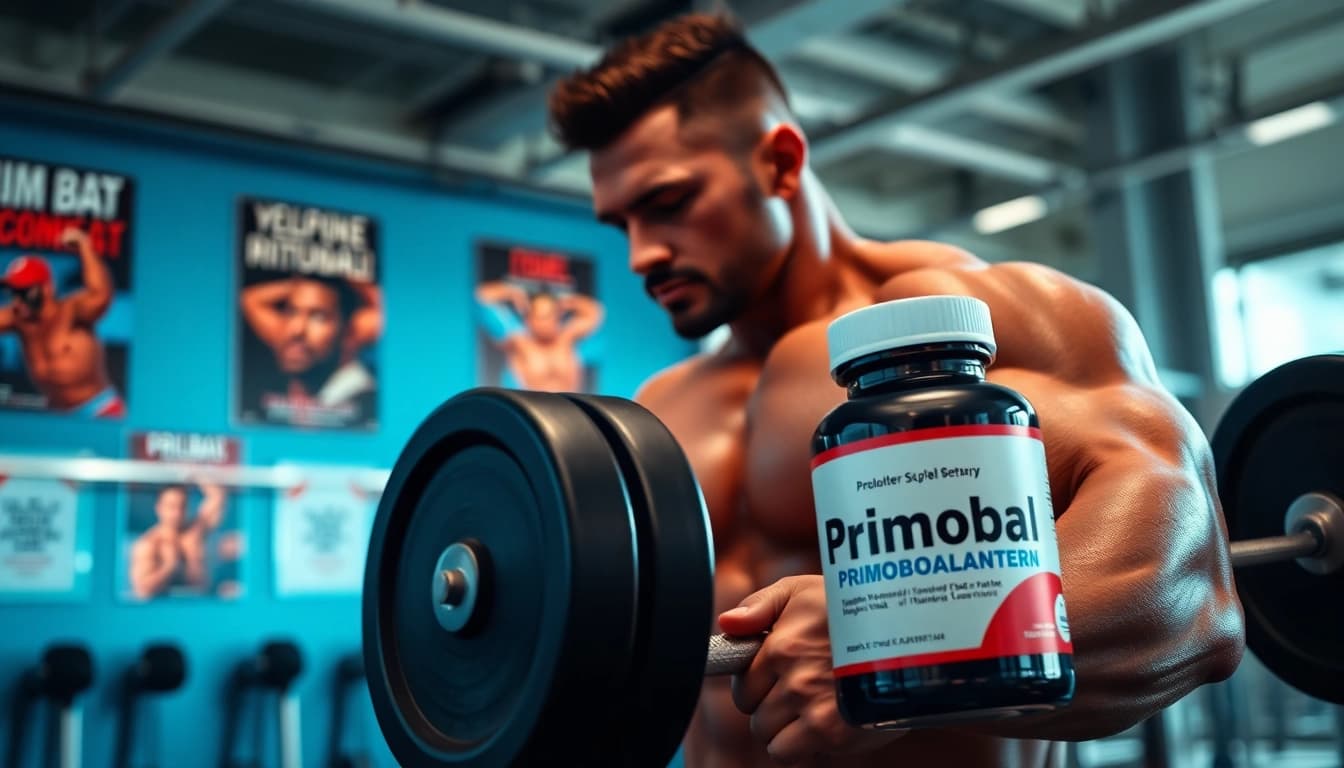 Primobal Primobolan supplement shown in a focused bodybuilder's hand while training.