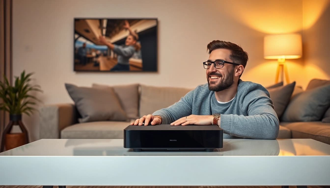Genießen Sie IPTV kaufen mit einem modernen Gerät und einem glücklichen Benutzer im Wohnzimmer.