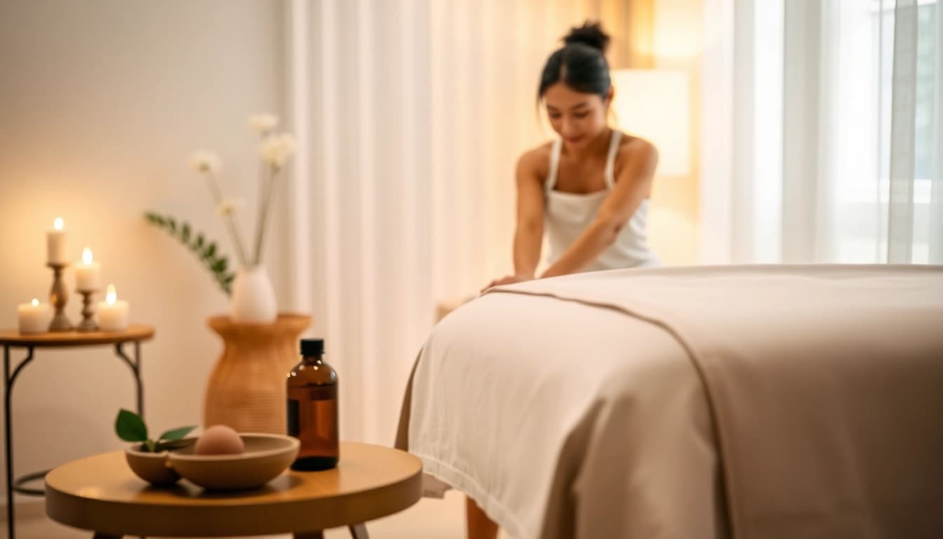 평택출장마사지 공간을 준비하는 젊은 태국 마사지 치료사로, 전문성과 편안함을 보여줍니다.