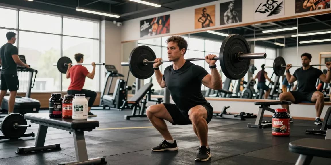 Kraftsportler konzentriert auf Squats im Steroidshop Fitnessstudio, umgeben von Geräten und Nahrungsergänzungsmitteln.