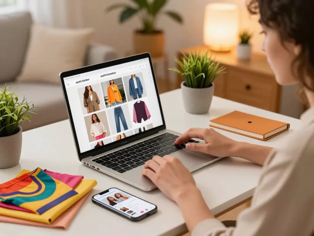 Sofort Lieferbar Bekleidungsartikel auf einem trendigen Home-Office-Schreibtisch mit lebhaften Accessoires.