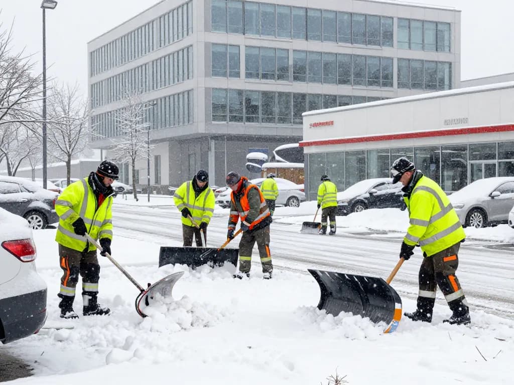 Winterdienst für Gewerbe in Münster, professionelles Schneeräumteam, das ein Gewerbeobjekt mit Sicherheitsausrüstung während starkem Schneefall räumt.