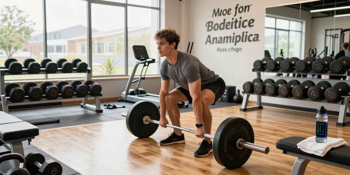 Dynamischer Fitnessathlet hebt Gewichte in einem hellen Raum und präsentiert die Produkte des Anabolika Shop Deutschland mit Motivation.