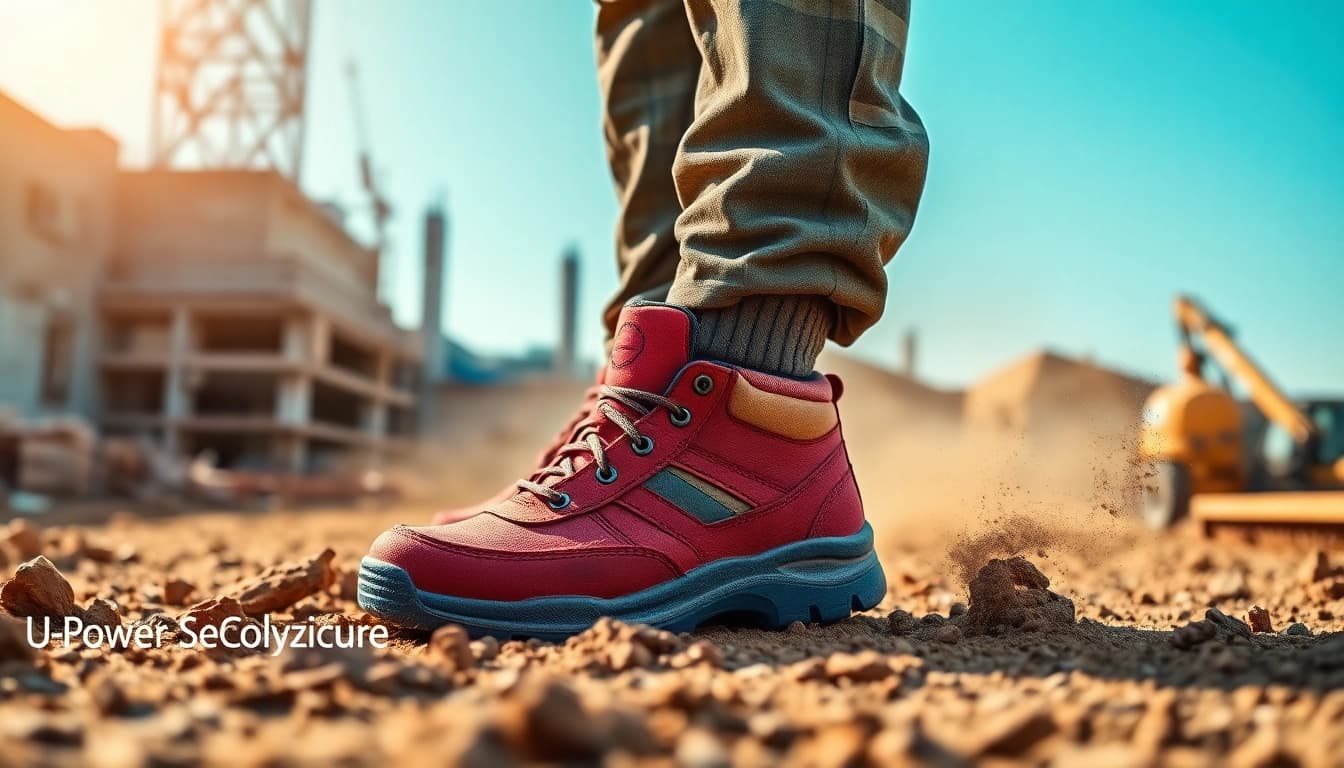 Tragen von U-Power Sicherheitsschuhe auf einer Baustelle für optimalen Schutz.