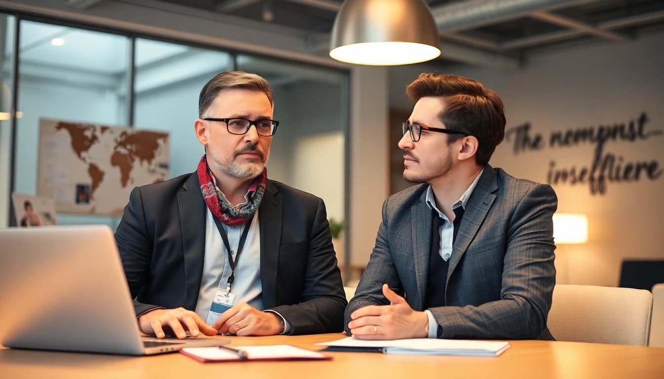 Headhunter IT im Gespräch mit einem IT-Experten in einem modernen Büro, das Professionalität und Zusammenarbeit ausstrahlt.