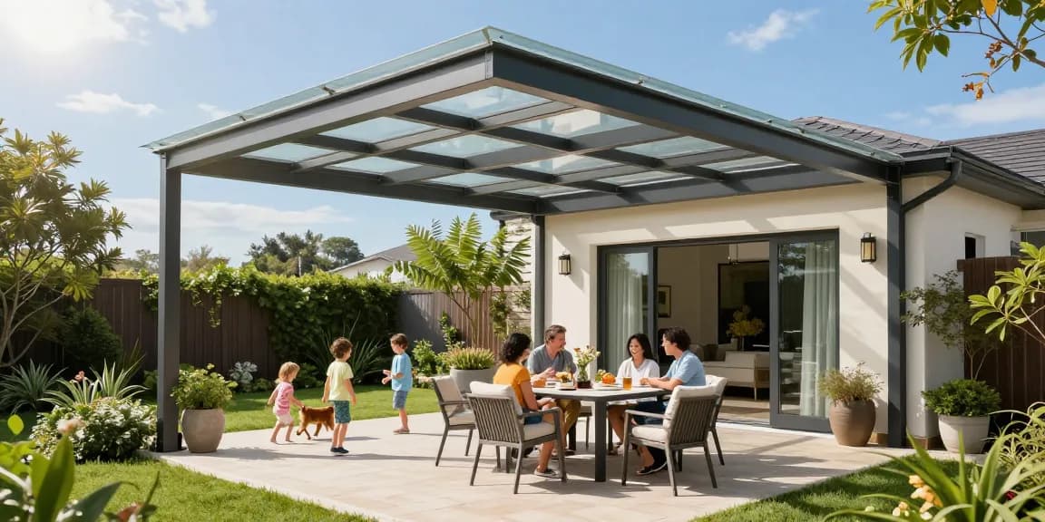 Genießen Sie Terrassenüberdachungen im Freien mit einer modernen Familienauszeit.