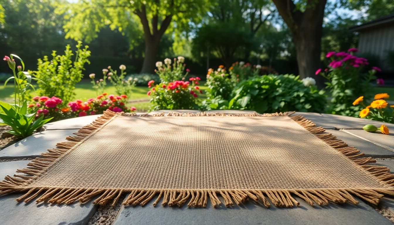 Hanfmatte in einem ruhigen Garten, perfekt für entspannende Momente im Freien.