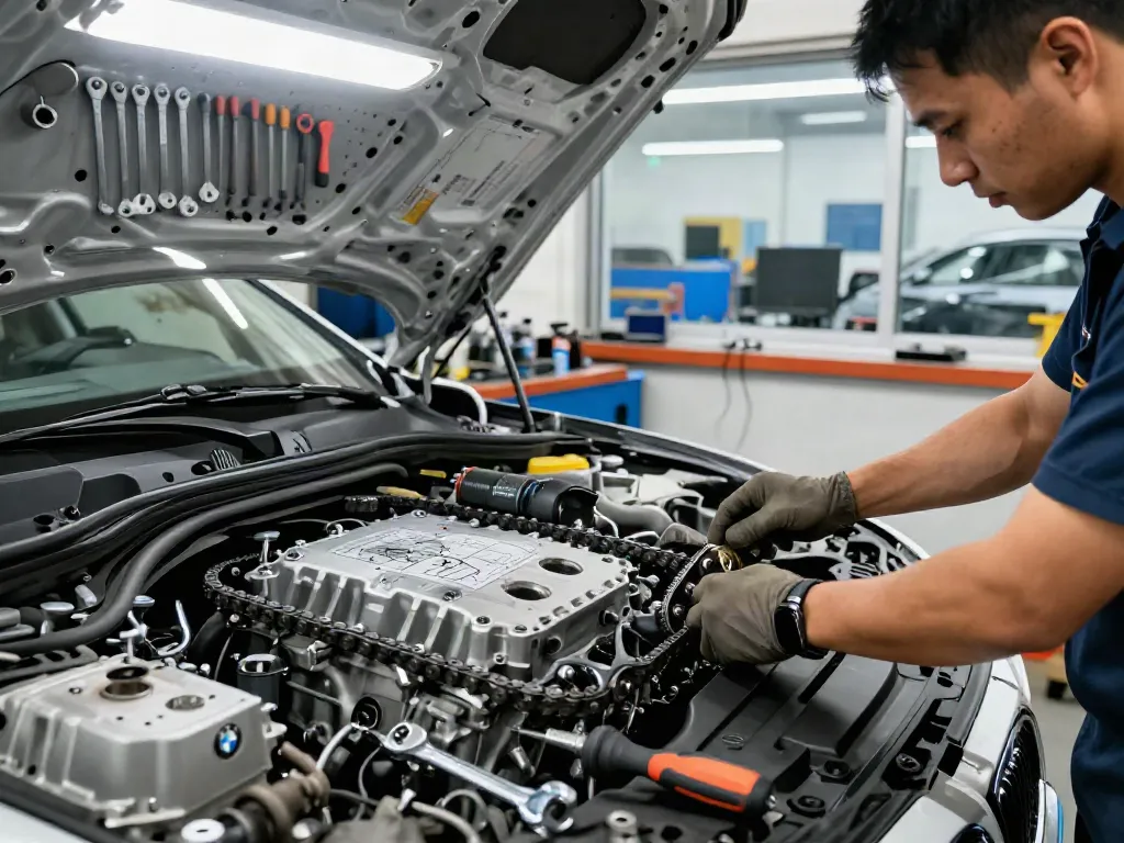 Mechaniker beim BMW steuerkette wechseln in einer gut ausgestatteten Werkstatt.