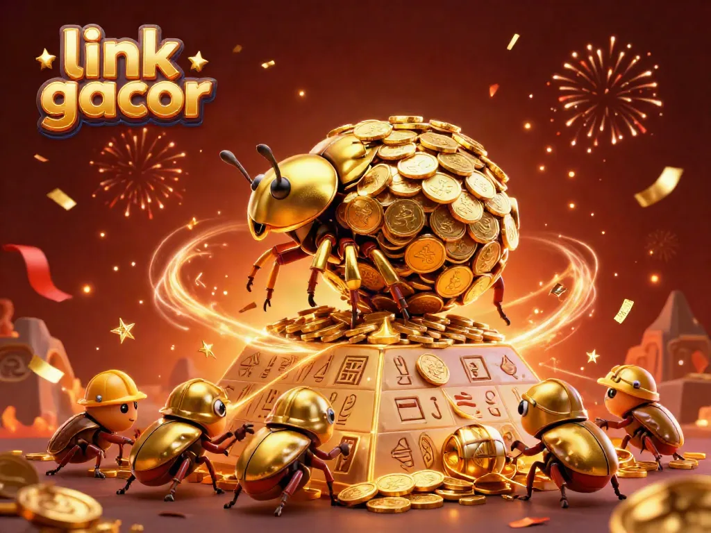 Engage with link gacor through this vibrant illustration of a golden beetle rolling jackpot coins.
