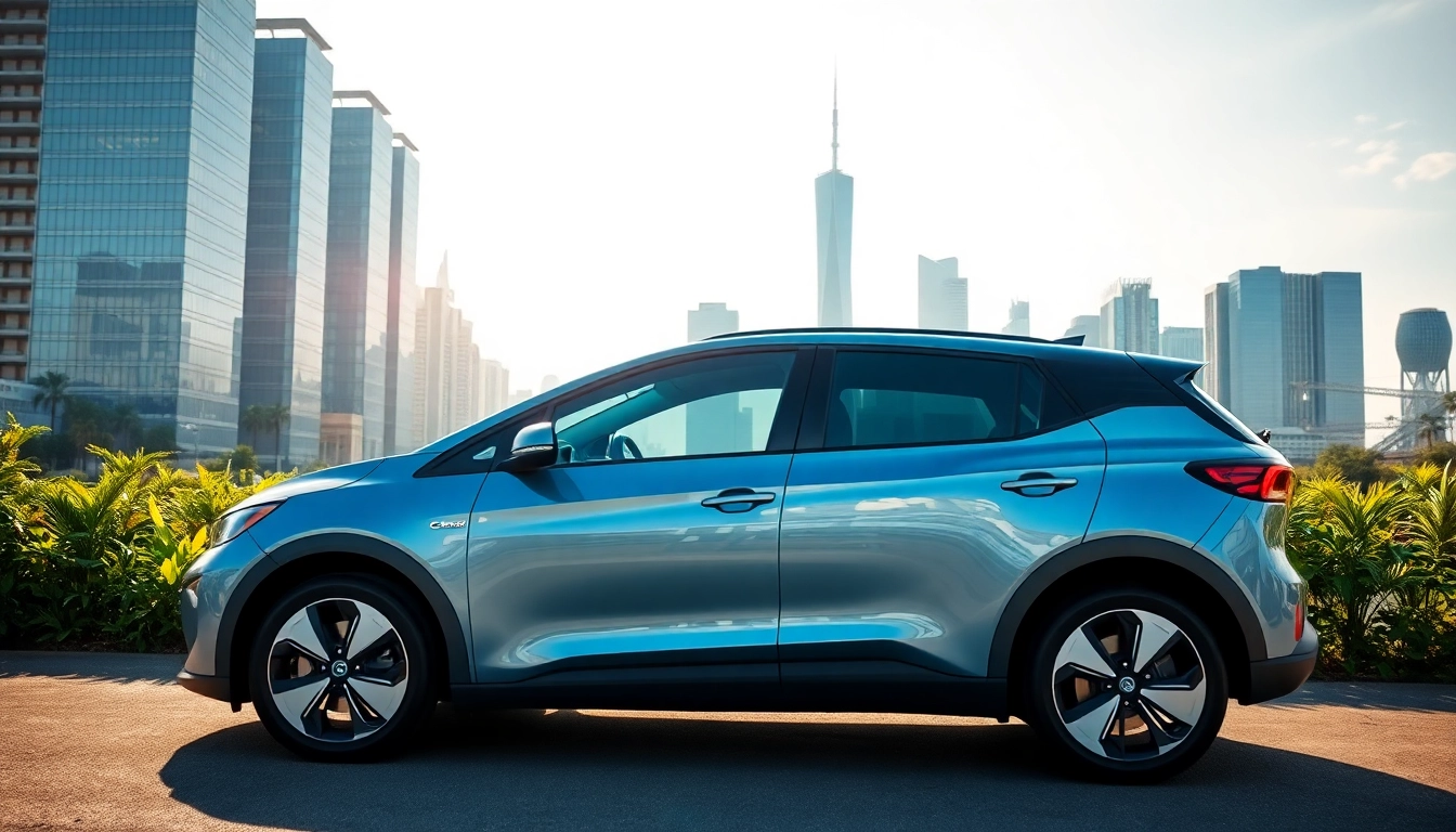 Elektroautos auf urbaner Skyline präsentiert, umweltfreundliches Design betont.