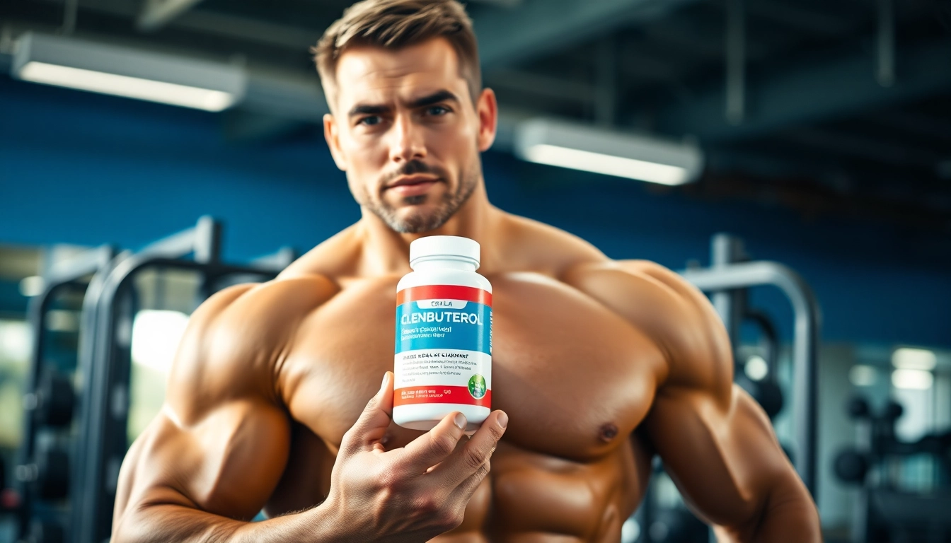 Clenbuterol kaufen: Fitnessmodell präsentiert das Produkt mit muskulösem Körper im Fitnessstudio.