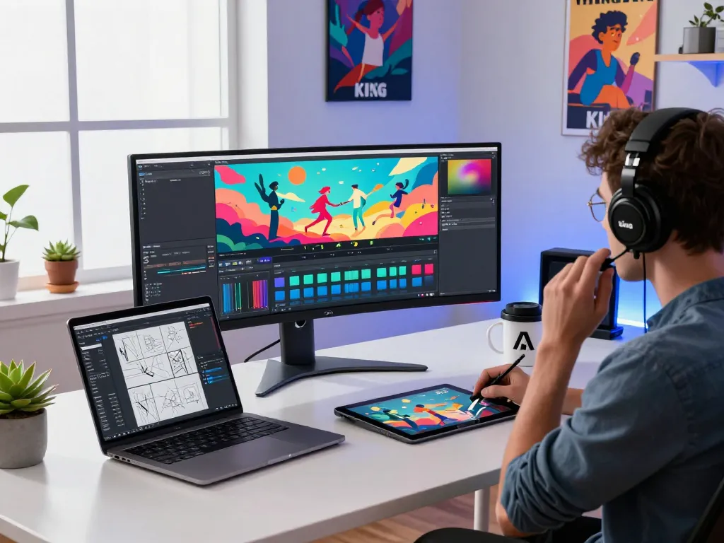 Kling 2.6 motion control in a high-tech workspace with a content creator animatedly working on a curved monitor, showcasing creative digital tools and vibrant energy.
