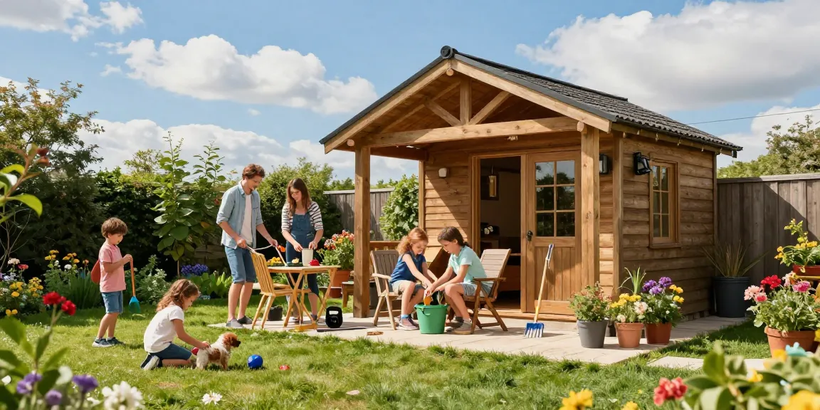 Wunderschönes Gartenhaus und Familie beim Zusammenbauen von Möbeln im Garten, Freude und Natur erleben, Gartenhäuser von McGarden24.