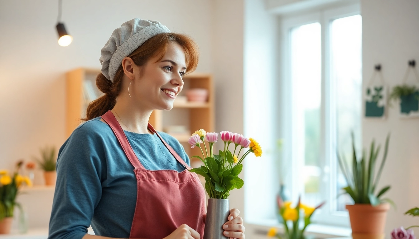 Hauswirtschaftskraft reinigt eine Wohnung in Hameln mit frischen Blumen und heller Beleuchtung.