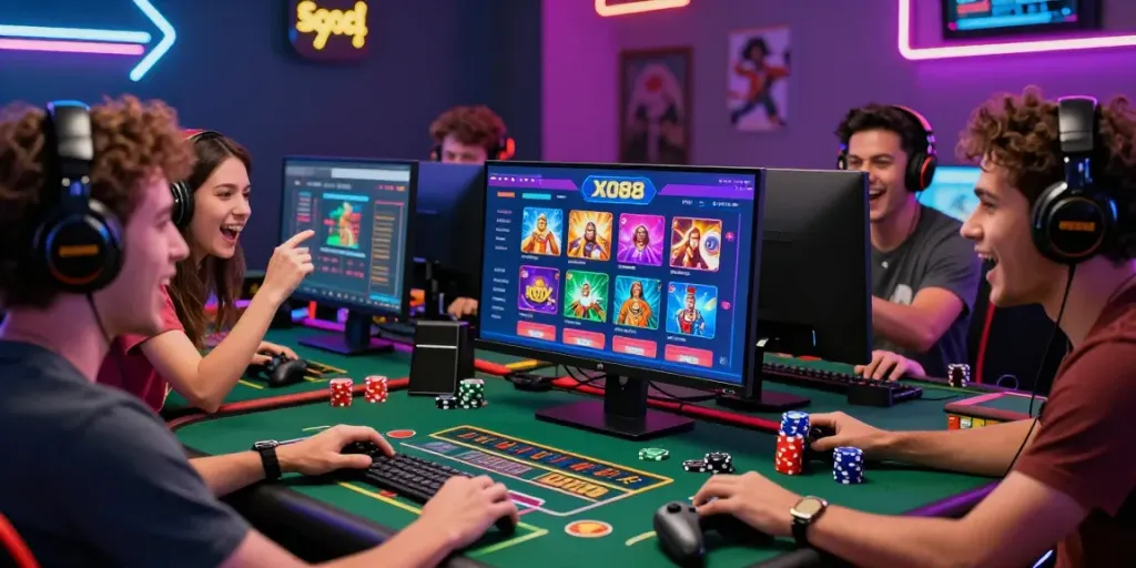 Exciting scene of players enjoying XO88 gaming at home, vibrant atmosphere.