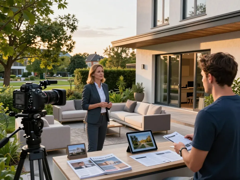 Immobilienmakler Frankfurt Ginnheim, der Immobilien präsentiert, erfahrener Immobilienagent, der mit potenziellen Verkäufern in einem schönen städtischen Umfeld interagiert.