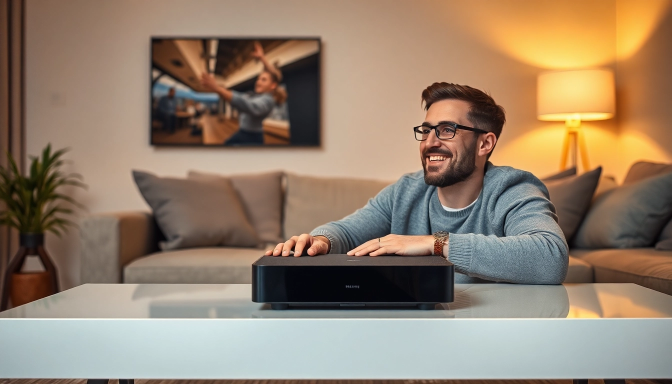 Genießen Sie IPTV kaufen mit einem modernen Gerät und einem glücklichen Benutzer im Wohnzimmer.