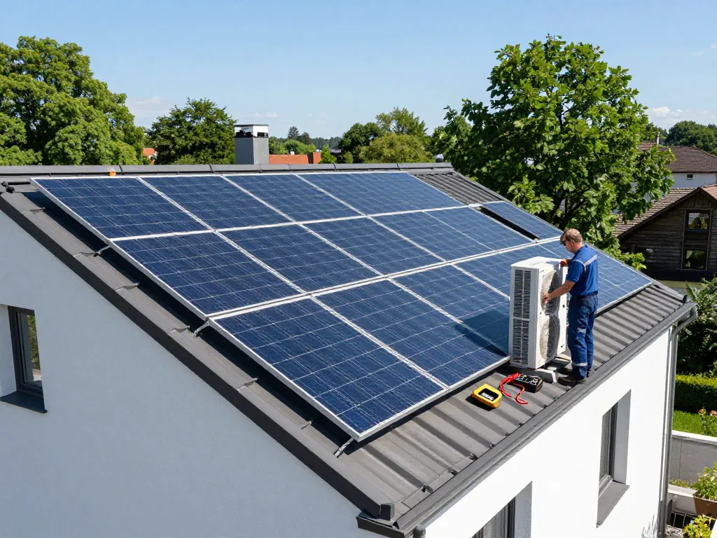Installation von Photovoltaik in Bayern mit Solarpanelen und Techniker, der an einer Wärmepumpe in sonnigem Bayern arbeitet.