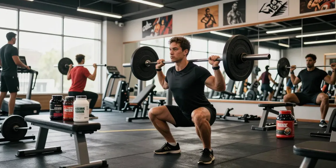 Kraftsportler konzentriert auf Squats im Steroidshop Fitnessstudio, umgeben von Geräten und Nahrungsergänzungsmitteln.
