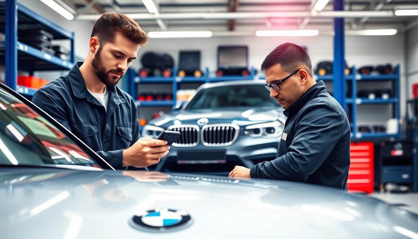 Der BMW Codierer überprüft ein modernes Fahrzeug an einem Arbeitsplatz.