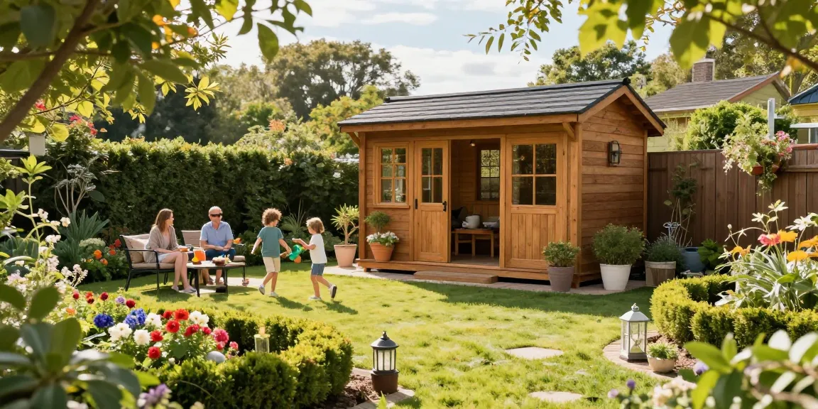 Gartenhaus kaufen im schönen Garten mit Blumen und Spielplatz für Kinder. Hochwertiges Holz-Gartenhaus als Blickfang.