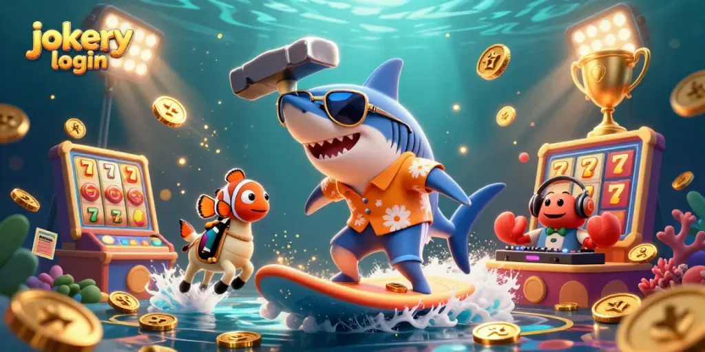 Experience the excitement of jokery login with a vibrant 3D scene featuring a surfing shark and casino elements.