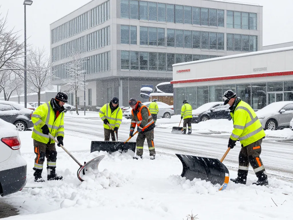 Winterdienst für Gewerbe in Münster, professionelles Schneeräumteam, das ein Gewerbeobjekt mit Sicherheitsausrüstung während starkem Schneefall räumt.