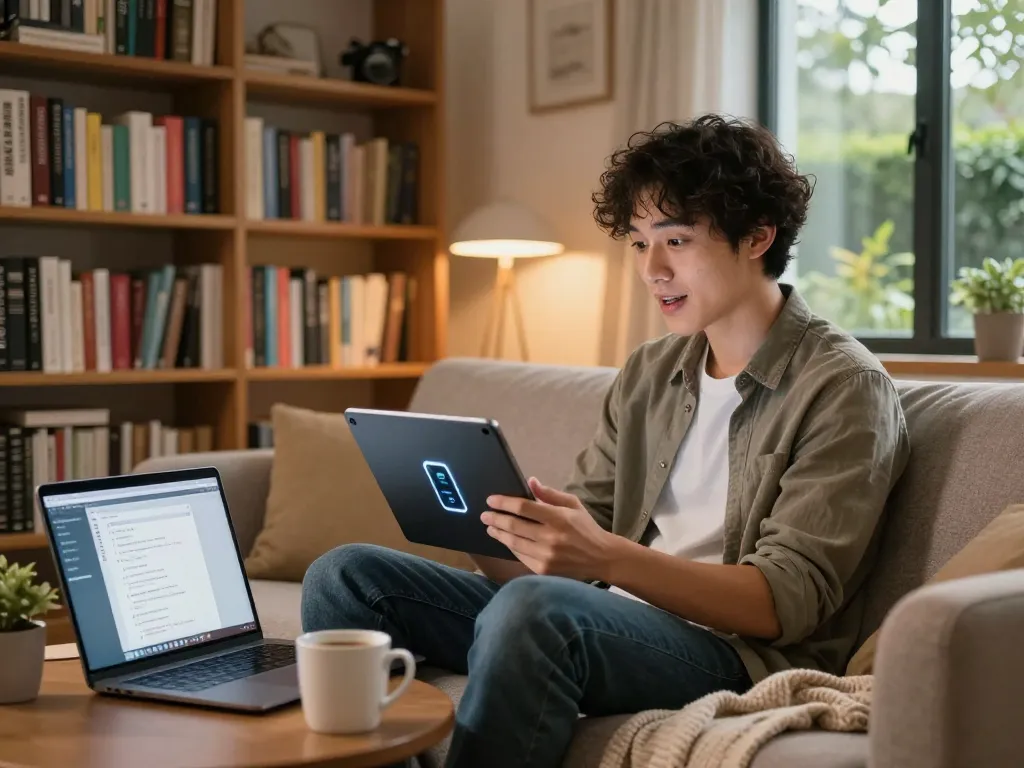 Engaging in sex AI chat on tablet in a cozy home office setting, showcasing digital interaction.