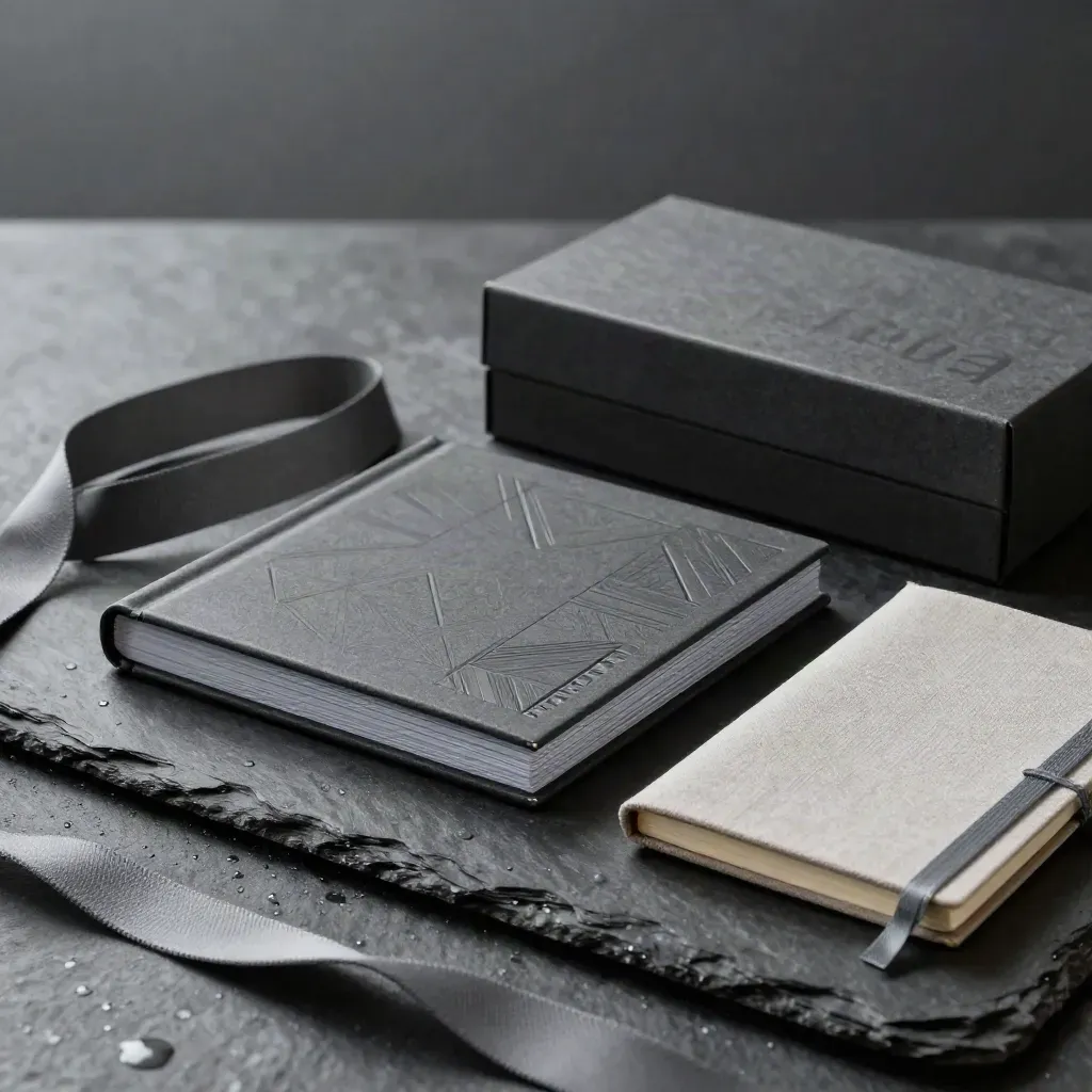 Premium-Mitgliedschaftskit auf dunklem Schiefer mit Hardcover, Karten und Box im dramatischen Licht
