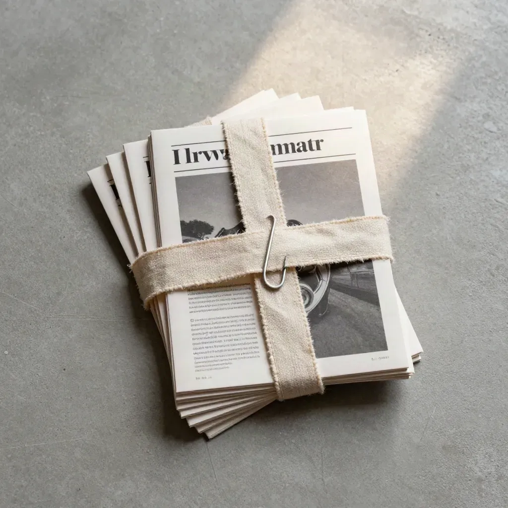 Acht gefaltete Newsletter-Karten mit Leinenband und Büroklammer auf Beton.