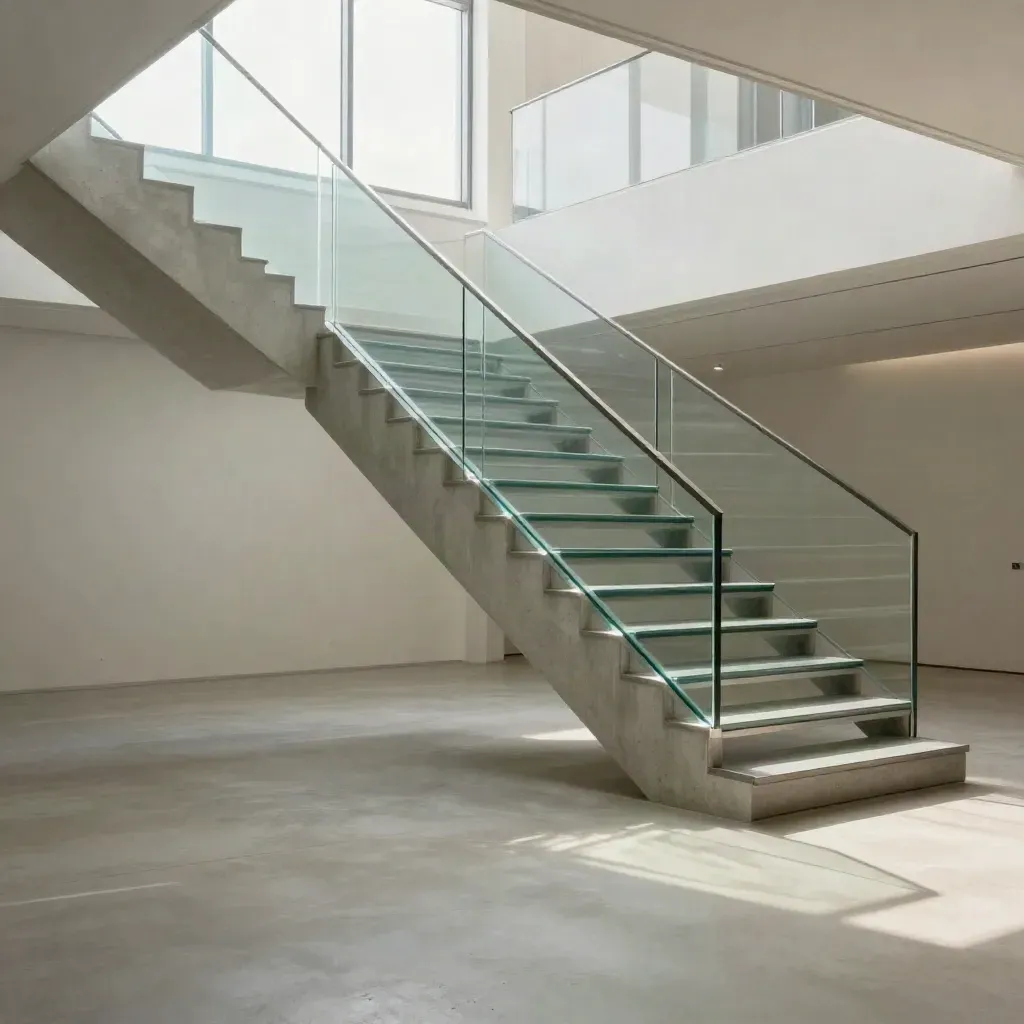 Gläserne Betontreppe mit weitem Podest im kühlen Tageslicht, viel ruhige Fläche unten