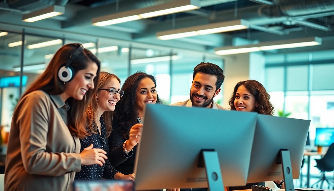 IT Dienstleister team collaborating in a bright office environment.