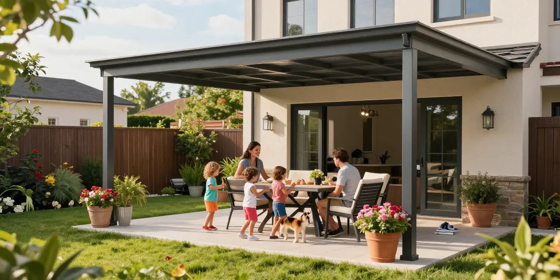 Moderne Terrassenüberdachung schützt die Familie vor Wetter, gemütliche Einrichtung im Garten.