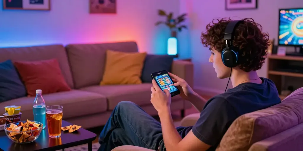 Spielen von Online-Casinos mobil auf Smartphone in gemütlichem Wohnzimmer mit Snacks und Drinks.