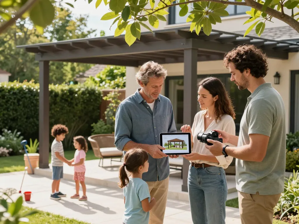 Familie erkundet das 3D-Design einer Pergola in ihrem Garten und zeigt modernes Leben im Freien.