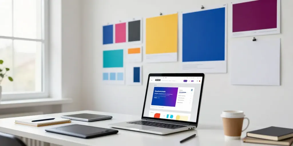 Webdesign Saarland: Kreatives Webdesign-Studio mit Laptop und Moodboard.