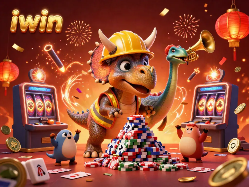 Engaging iwin casino scene with cartoon dinosaurs celebrating around poker chips and slot machines.