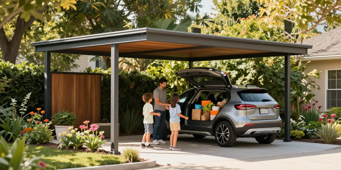 Moderne Carport-Installation, Familie entlädt Einkäufe unter dem Carport in einem Garten.