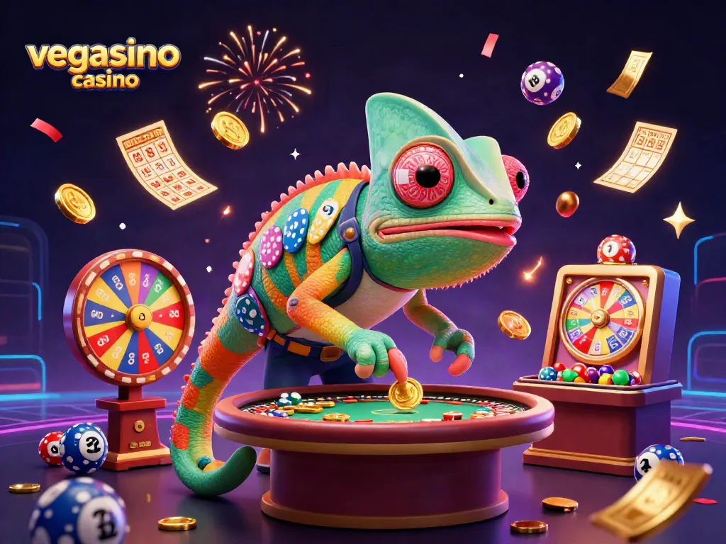 Engage in thrilling gameplay at vegasino casino, featuring a vibrant chameleon and dynamic game elements.