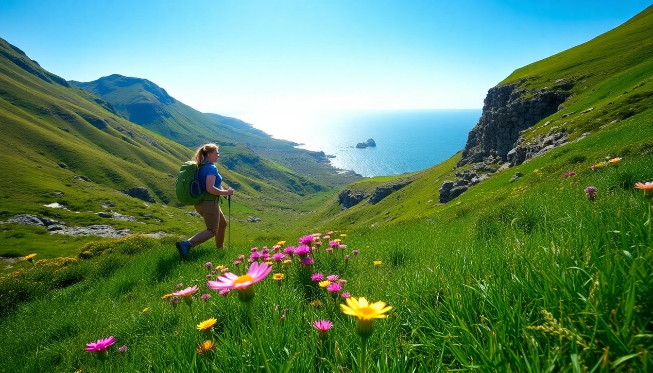 Dingle Way wandern: A scenic hiking path with lush hills and vibrant flowers.
