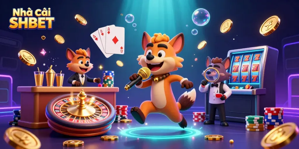 Experience the vibrant scene of Nhà cái SHBET's casino, with immersive characters and dynamic game elements showcasing action and excitement.