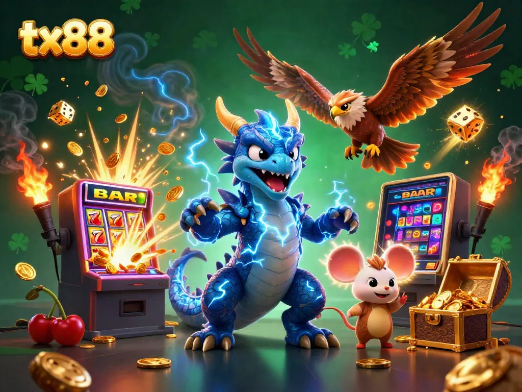 Experience thrilling action with tx88 as a dragon, hawk, and mouse celebrate golden victories in a vibrant online casino.