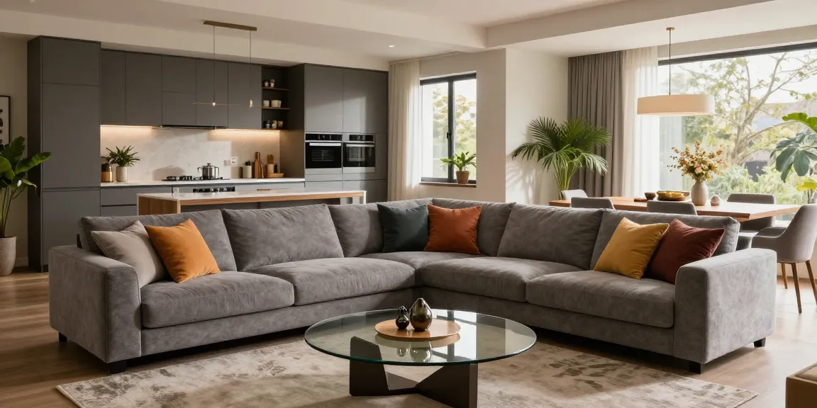 Entdecken Sie stilvolle Möbel online mit einem gemütlichen Wohnzimmerdesign, das ein modernes Sofa, eine Küche und eine einladende Atmosphäre umfasst.