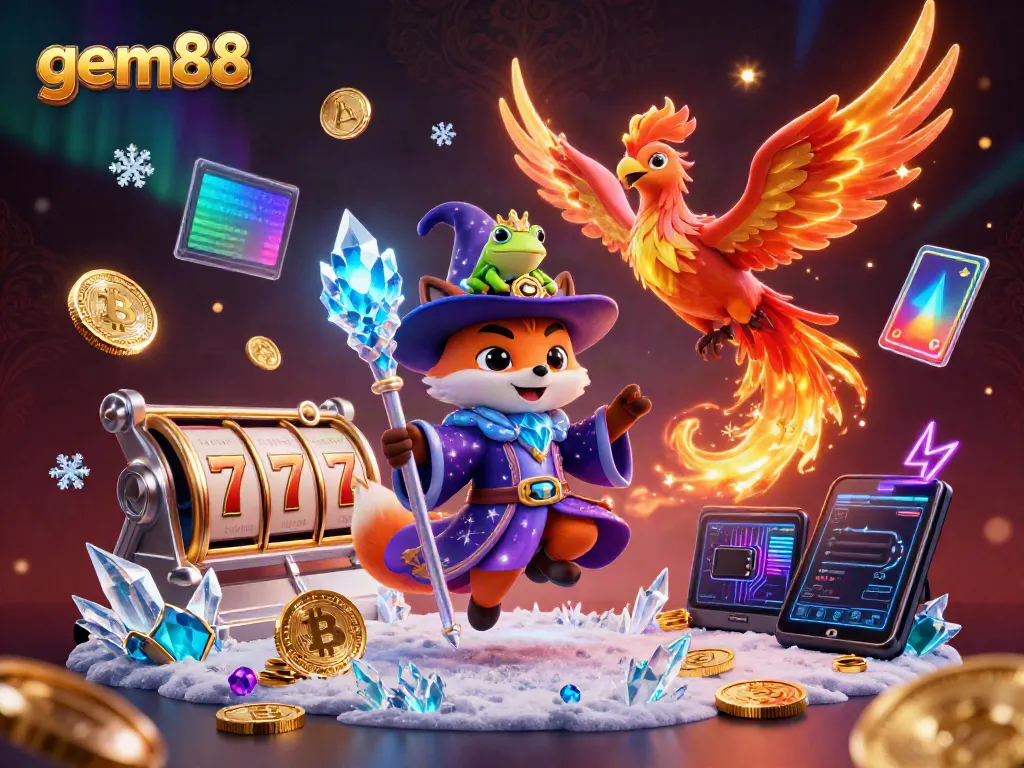 Experience the magic of gem88 with a mystical wizard fox, phoenix companion, and gaming elements in vibrant colors.