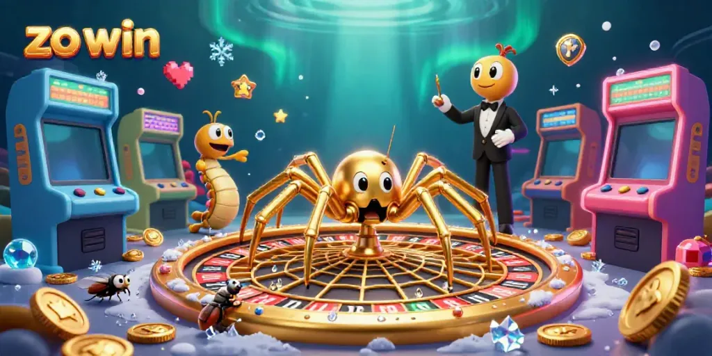 Engage in the vibrant world of zo win with a golden spider spinning a roulette wheel!