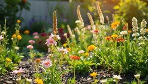 Fördern Sie die Wachstumsphase gesunder Pflanzen in einem liebevoll gepflegten Garten mit bunten Blüten.