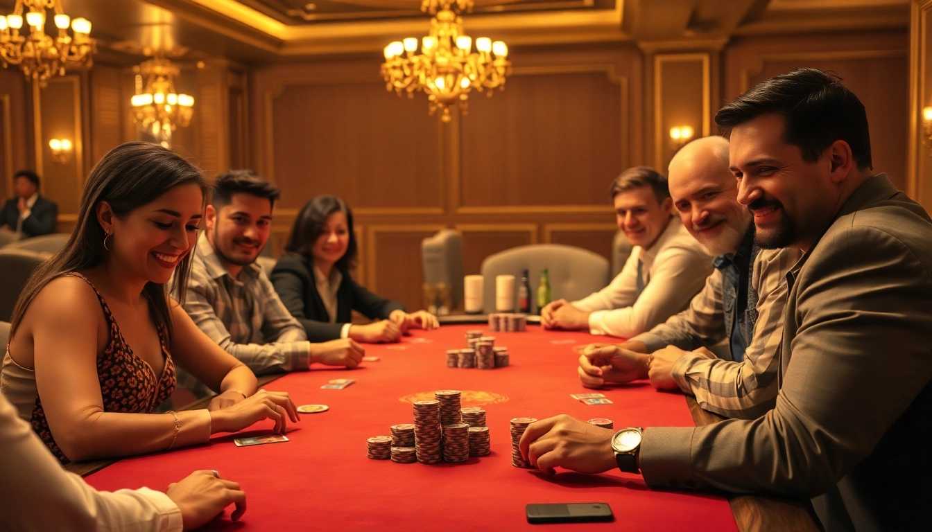 Nutzen Sie einen online casino bonus ohne einzahlung in einer einladenden Casino-Atmosphäre mit Spielern an einem Tisch.