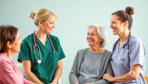 Gestalte eine dynamische pflegedienst werbung, die Patienten und Pflegekräfte in einer positiven Interaktion zeigt.