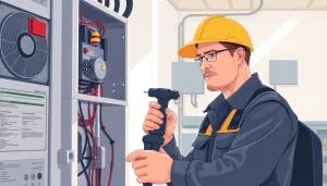 Technician conducting a DGUV V3 Prüfung to ensure electrical safety compliance in a professional setting.