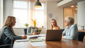 Beratung zum pflegedienst gründen mit Experten in ansprechendem Büroambiente und Dokumenten auf dem Tisch.